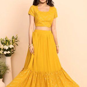 (Brand New/ Unworn) Mustard Yellow Embroidered Crop Top and Ruffled Maxi Skirt